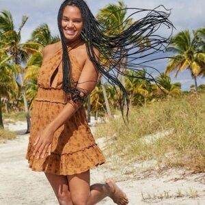 Aerie Embroidered Halter Dress in Mustard